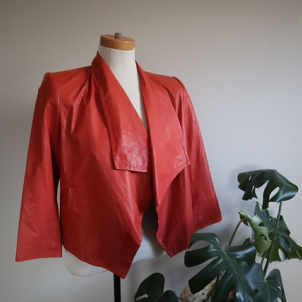 Alice + Olivia Red Lamb Leather Open Front 3/4 Sleeve Jacket Size Small